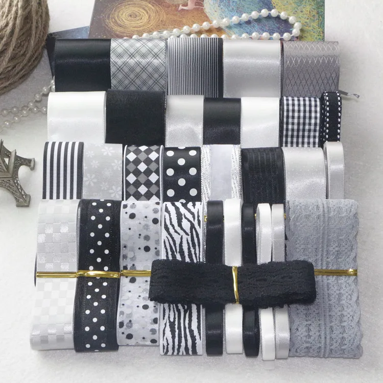 

DIY Ribbon Set Black Gray white Printed Grosgrain Satin Tape Handmade Gift Craft Packing Hair Accessories Materials Webbing
