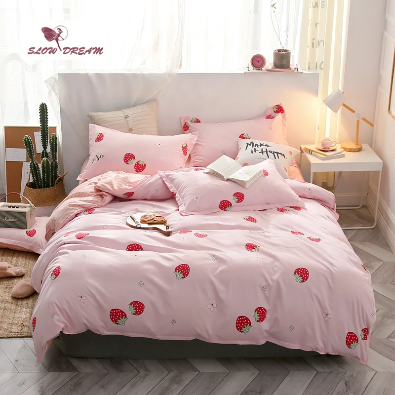 Lowdream мультяшное покрывало с клубникой, розовый комплект постельного белья для девочек, пододеяльник, простыня, набор постельного белья, комфортный евро, набор домашнего текстиля