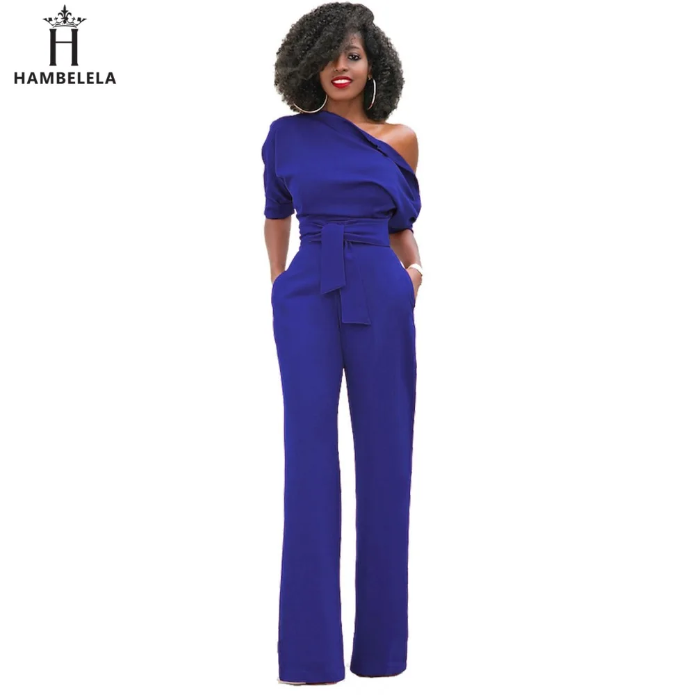 Hambelela 2017 High Quality Autumn Casual Jumpsuit One Shoulder Slash Neck Button Full Length Jumpsuit Short Sleeve Wide Legs Jumpsuit (6)
