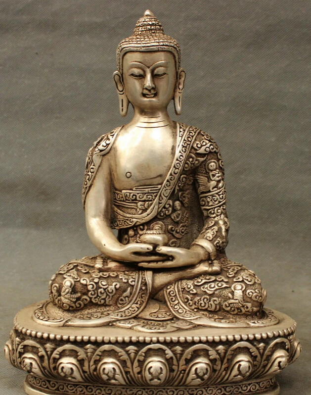 

song voge gem S3836 9" Tibet Silver Buddhism Temple Shakyamuni Robe Sakyamuni Buddha Bowl Statue