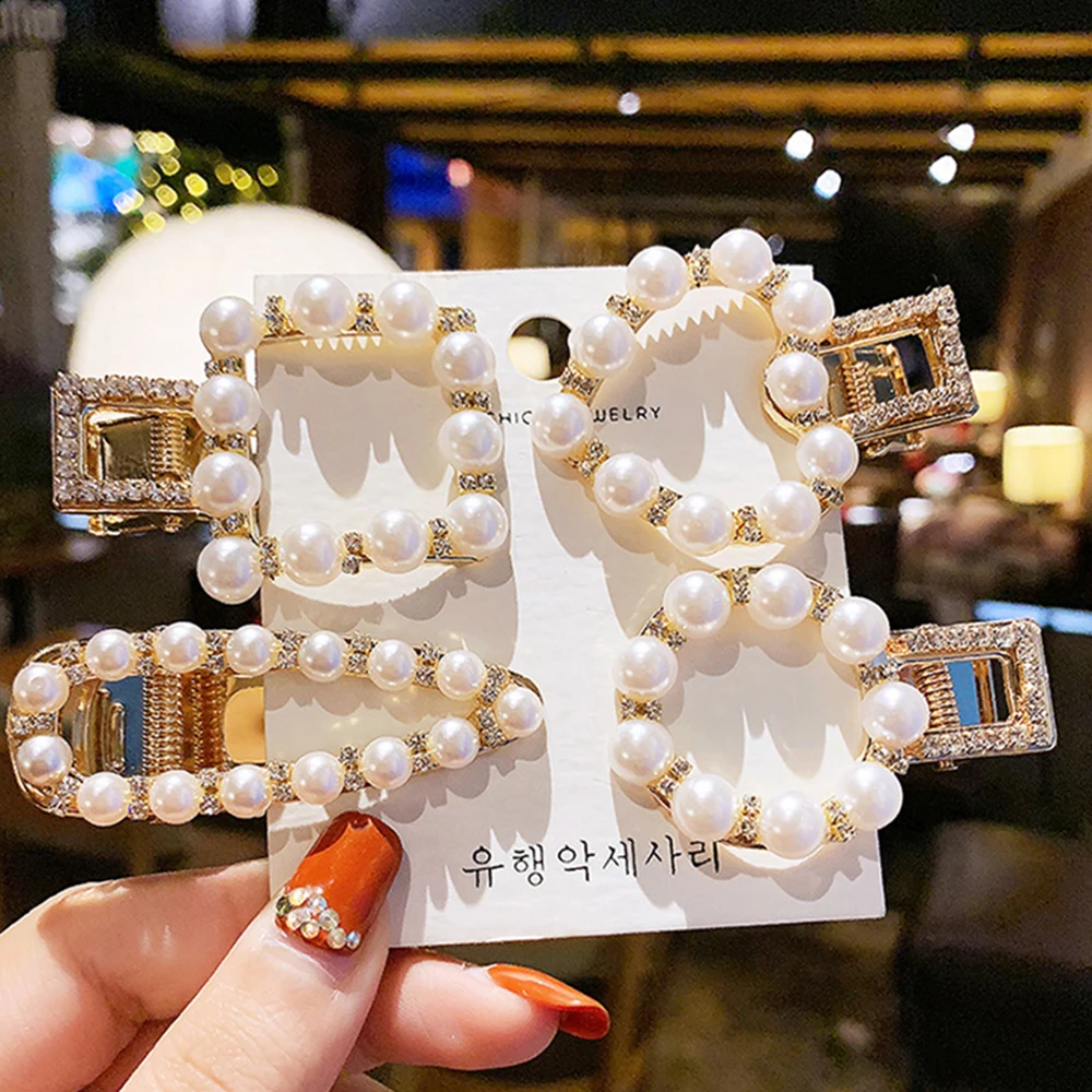 

1PC Fashion Girl Korean Version Pearl Retro Temperament Pearl Hairpin Metal Brushed Horizontal Clip A Word Clip Jewelry TSLM1