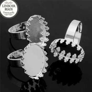 

10pcs/lot Silver Color Copper Crown Blank Adjustable Ring Base 13*18mm Oval Cabochon Settings Cameo Tray Jewelry Making K0614