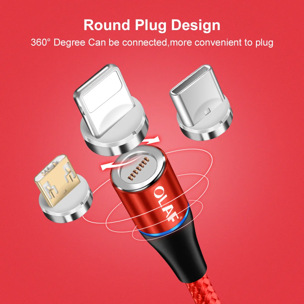 OLAF Magnetic USB Cable for iPhone X 8 Mobile Phone Micro USB Cable for Huawei Magnetic USB Type C Cables Connector for Samsung 360 Degree