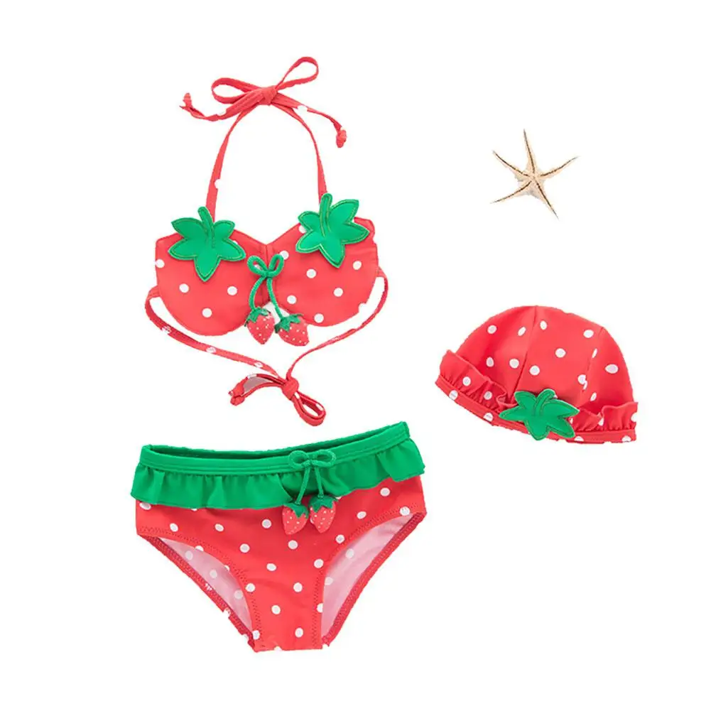 

Dragonpad 3Pcs/Set Children Girl Strawberry Design Split Swimsuit Suit Lovely Bikini Set with Hat