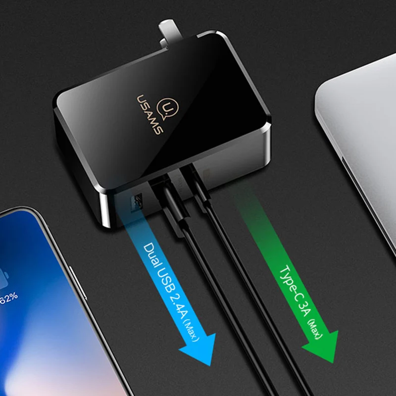 PD быстрое зарядное устройство USAMS US С Тип C & dual usb Выход 5 В/2.4a для IPhone X MacBook Huawei matebook