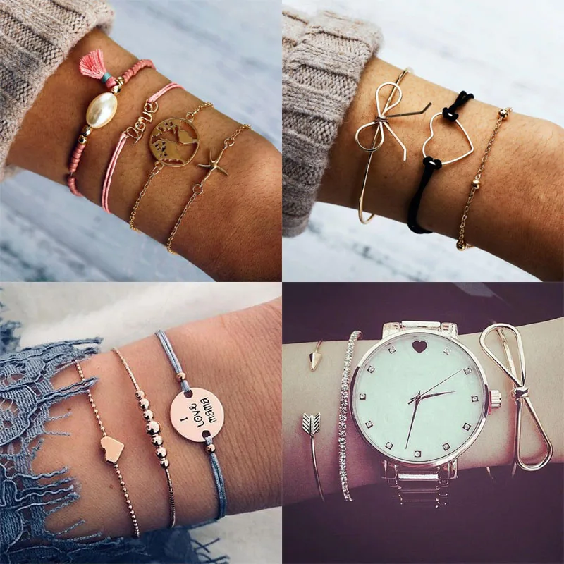 

opshineqo Bracelets For Women Bow Heart Round Multilayer Adjustable Open Bracelet Set Women Fashion Party Jewelry Multiple Style
