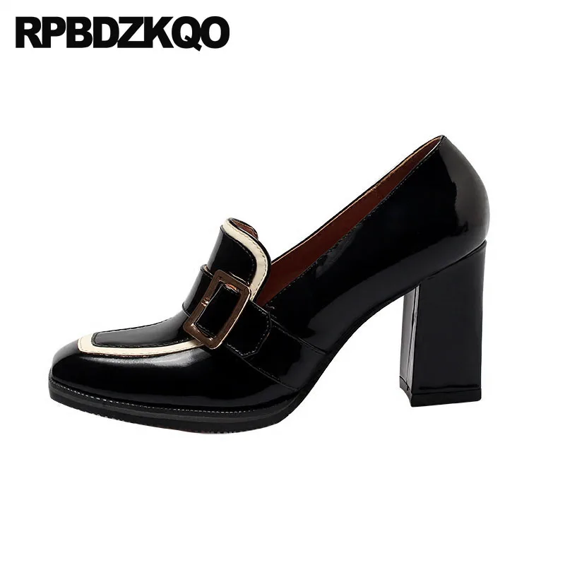 

Genuine Leather Patent High Heels Designer Women Luxury 2018 Multi Colored Square Toe Belts Shoes Block Pumps Catwalk Size 4 34