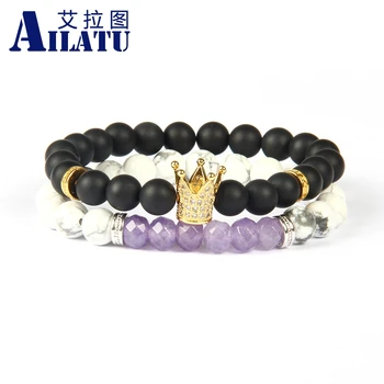 

Ailatu Hot Sale Jewelry Wholesale 10 Sets 8mm Natural Matte Onyx with Micro Pave Cz Crown and Stone Couple Bracelet