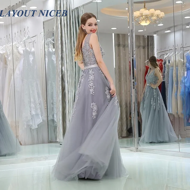 

New Design Silver Evening Dress Appliques Lace Tulle 2019 Sexy V-neck BacklesSleeveless Floor Length Simple Customized Prom Gown