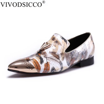 

VIVODSICCO Fashion Gold Metal Signature Shark Tooth Genuine Leather Men Loafers Carved Bullock Party Men Printing Dress Shoes