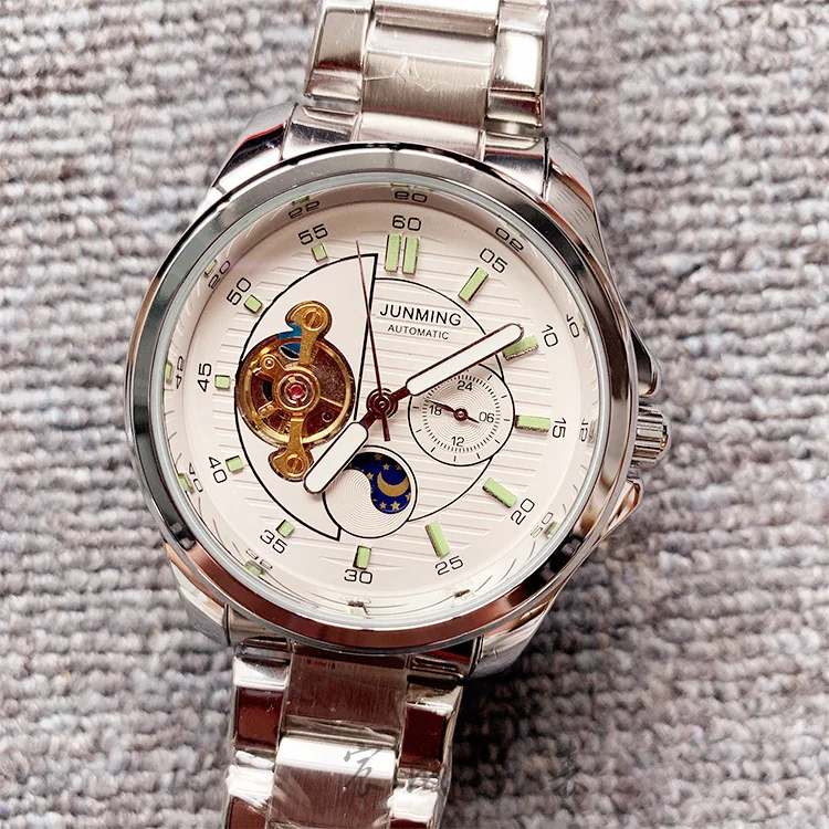 Модные мужские наручные часы с Tourbillon циферблатом, повседневные часы с золотым ремешком из нержавеющей стали, водонепроницаемые светящиеся автоматические механические мужские часы - Цвет: Silver White