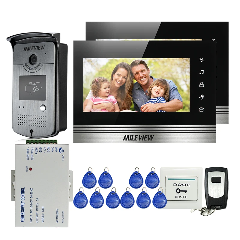 

FREE SHIPPING NEW 7" Touch Button Video Intercom Door Phone System 2 Monitors + Waterproof RFID Reader Door bell Camera + Remote