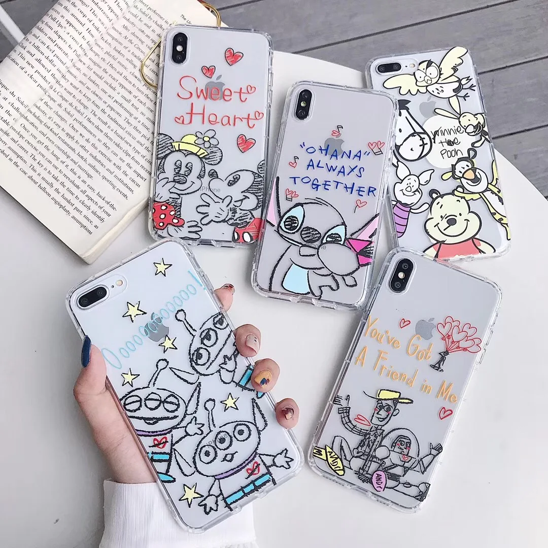 

Cute sketch Stitch friend Winnie Pooh family phone case For iphone Xs MAX XR X 6 6s 7 8 plus Toy Story soft TPU back Cover Capa
