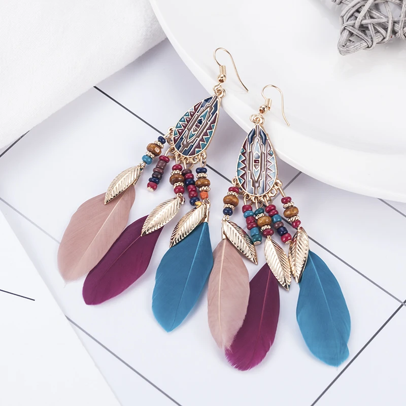 

Fashion Women Bohemian Earrings Long Tassel Fringe Boho Feather Dangle Jewelry Pendientes Vintage Gold Dangle Earrings for Women