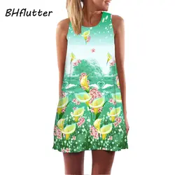 Bhflutter Симпатичный мини платье 2018 Новая мода Цветочный принт летнее шифоновое платье Для женщин платье на бретелях без рукавов Повседневное