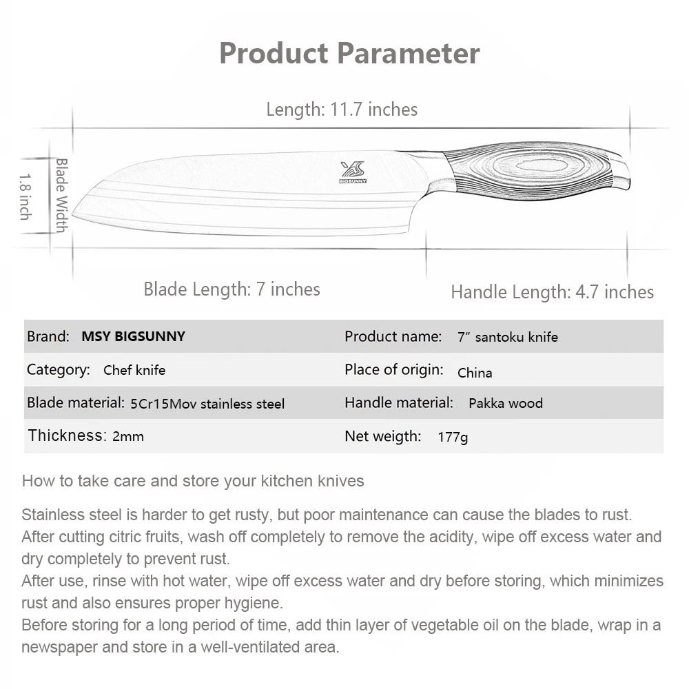 Модели BIGSUNNY 7-дюймовый Santoku Ножи с высоким содержанием углерода Нержавеющая сталь бритвы острое лезвие ножей шеф-повара мясной овощной нож Кливер