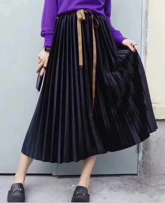Горячая плиссированная длинная юбка романтический, эстетический осень и зима Женская юбка с завышенной талией