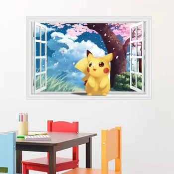 

Free Shipping 3D Window Pokemon Wall Sticker Decal Decor for Kids Room Home Decorations Pikachu Window Wall Decal B436