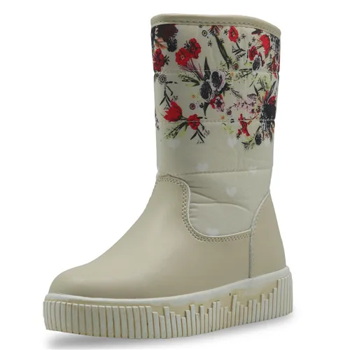 Apakowa/ботинки для девочек; водонепроницаемые детские зимние ботинки до середины икры; теплые плюшевые шерстяные детские зимние ботинки на плоской подошве с цветком для девочек - Цвет: Beige