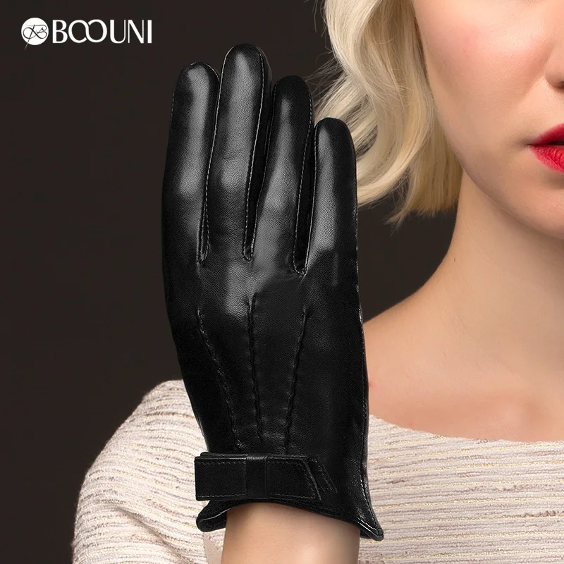 Genuine Leather Gloves Women Fashion Black Short Real Sheepskin Winter Thermal Thicken Bowknot Driving Glove NW113