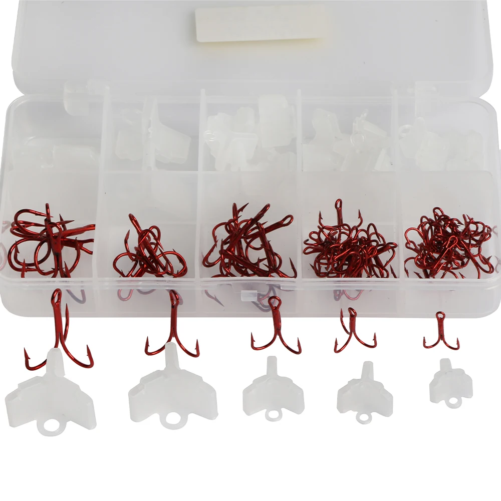 

Goture 55pcs High Carbon Steel Treble Fishing Hooks Set with 25pcs Plastic Safety Holder Cover Bonnets Caps Protector Tackle Box