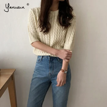 

Yanueun 2019 Fashion Women Basic Knit Sweater Basic Half Sleeve Round Neck Pullover Tops Jumper pull femme New Hot