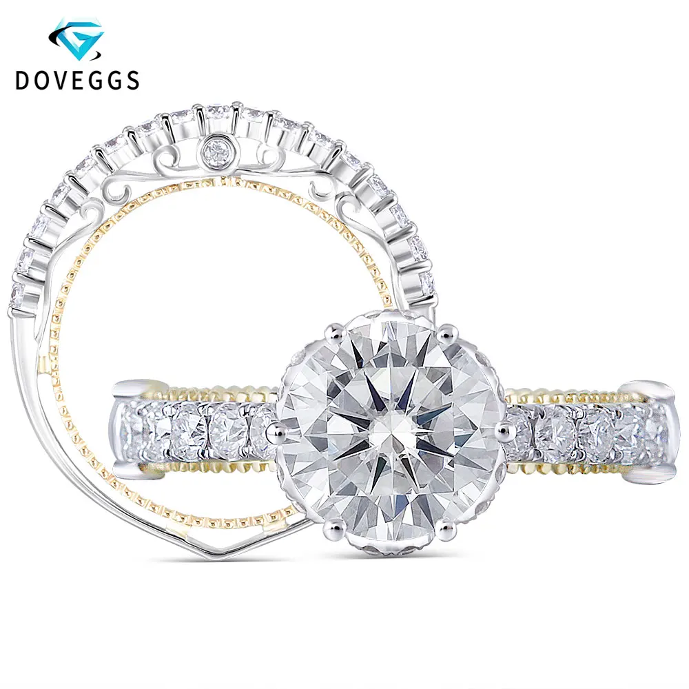 

DovEggs 14K Solid White and Yellow Gold 1.5ct F Color Moissanite Engagement Ring Set with Accent Romantic Eternity Wedding Band