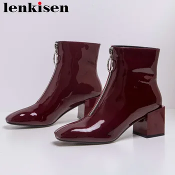 

Original design retro square toe cow patent leather high fashion chelsea boots square high heels zipper winter ankle boots L23