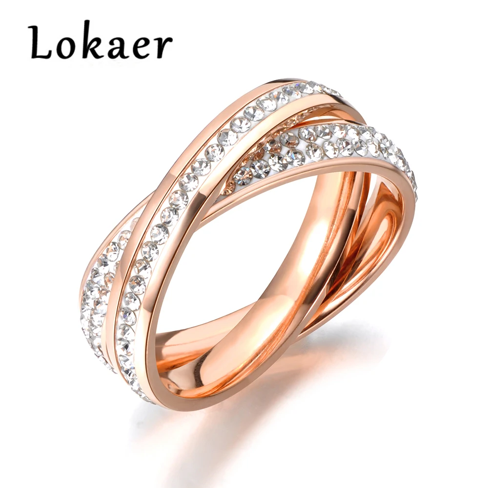 Lokaer розовое золото цвет 2 кольца намотки вместе Нержавеющая сталь Стразы ювелирные изделия никогда не выцветали для женщин/подарок для девочек