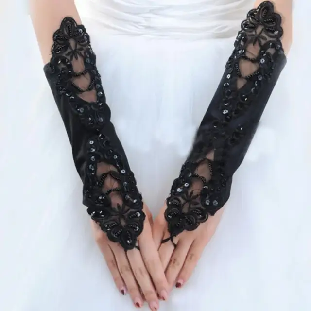 Fashion Lace Long Gloves Black Beading Stretch Fingerless Embroidered Gloves Retro Gothic