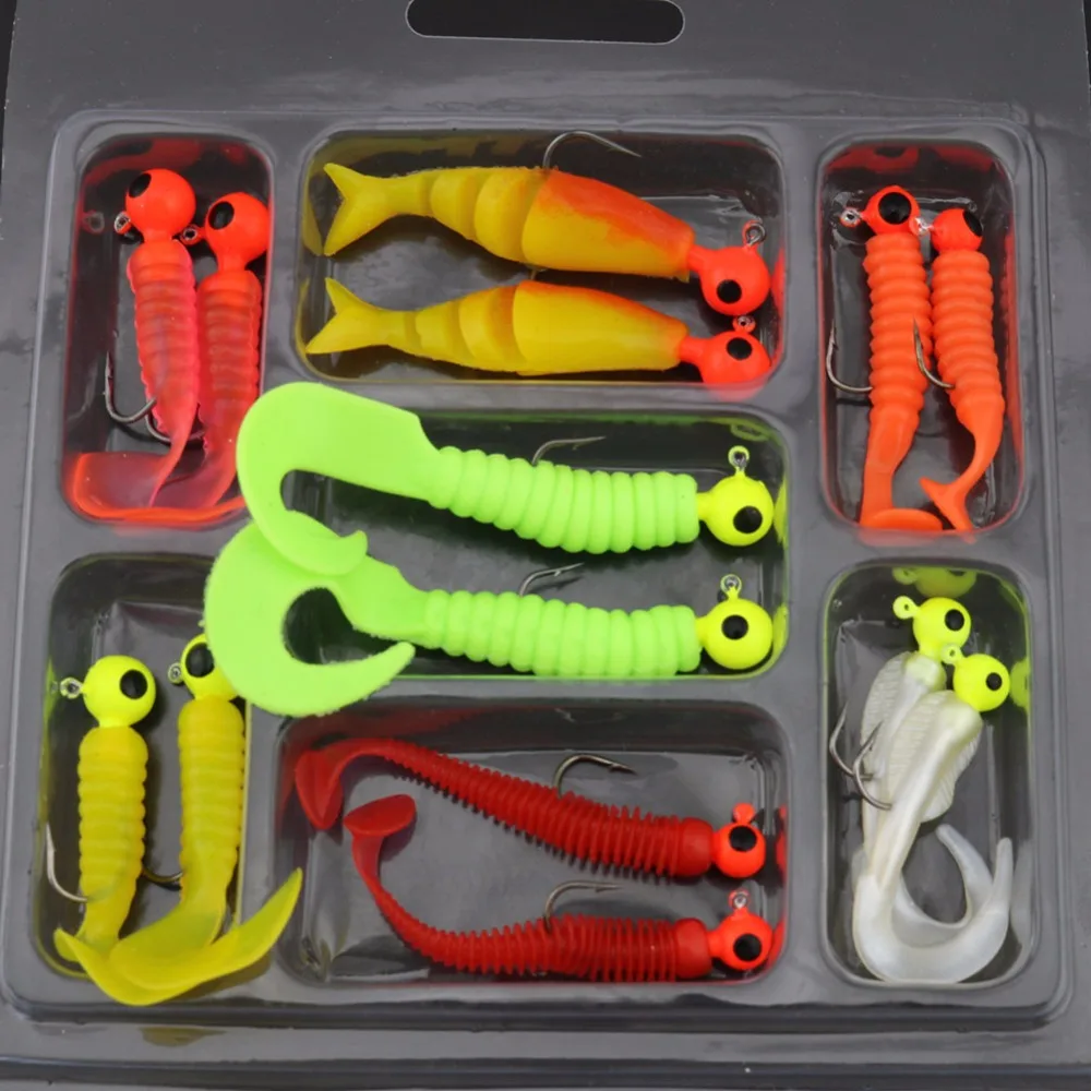 Set Of Soft Bait Lure Combination Fishing Lure Kit Grub Worm Lures Jig Head Fishing Lures