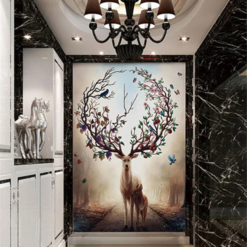 

QINGCHUN Custom Printed Fabric & Textile Wallcoverings Wall Cloth Matt Silk Deer Landscape Entrance Hallway Corridor Backdrop