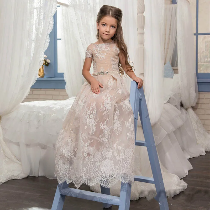 

Champagne custom flower girl dresses for weddings with lace appliques girls pageant dress birthday party evening gowns