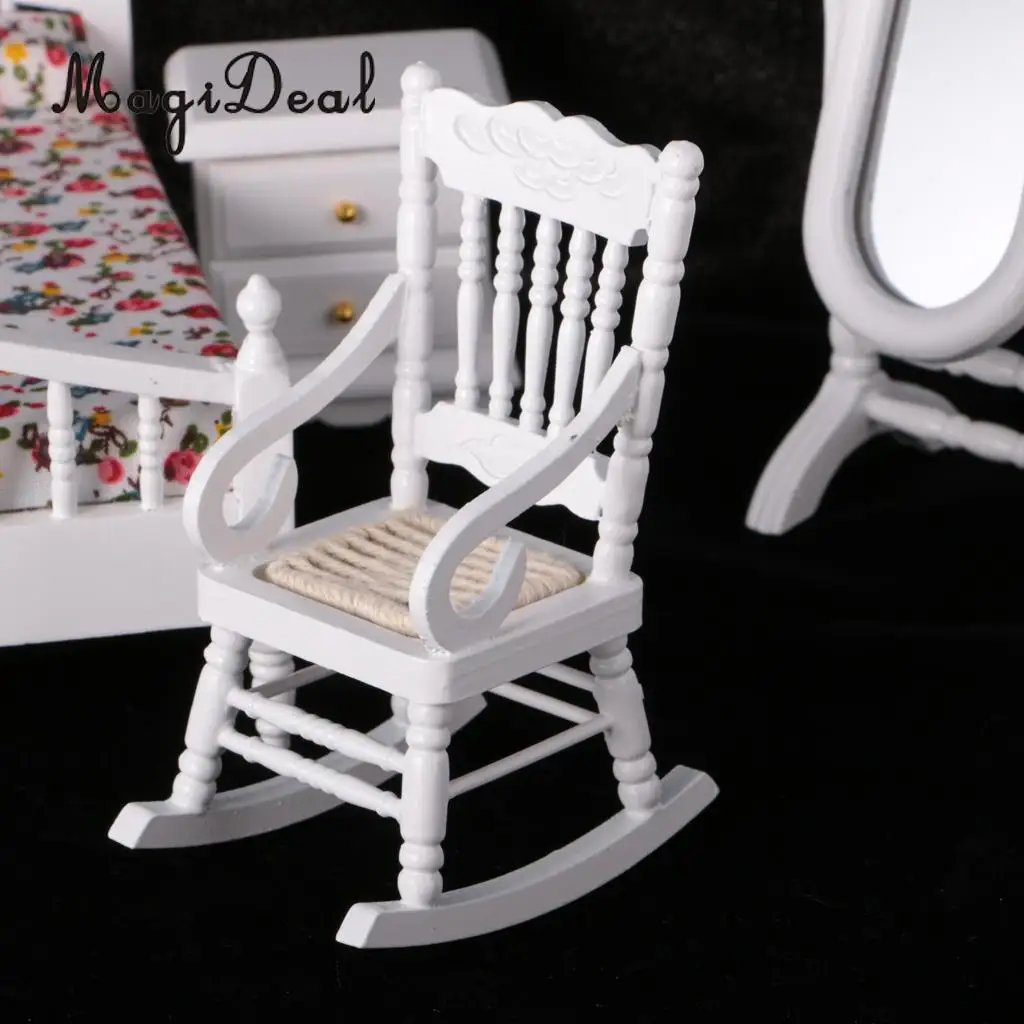European Retro Design 1:12 Dollhouse Miniature White Wooden Bedroom Double Bed Dresser Mirror Chair Furniture Accs Kids Toys