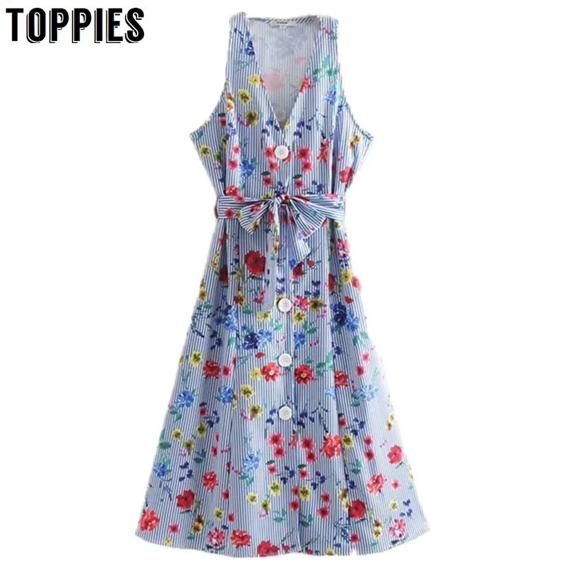 

2019 Floral Printing Striped Midi Dress Summer Sleeveless Tank Dress Lace Up Bow Waist robe longue