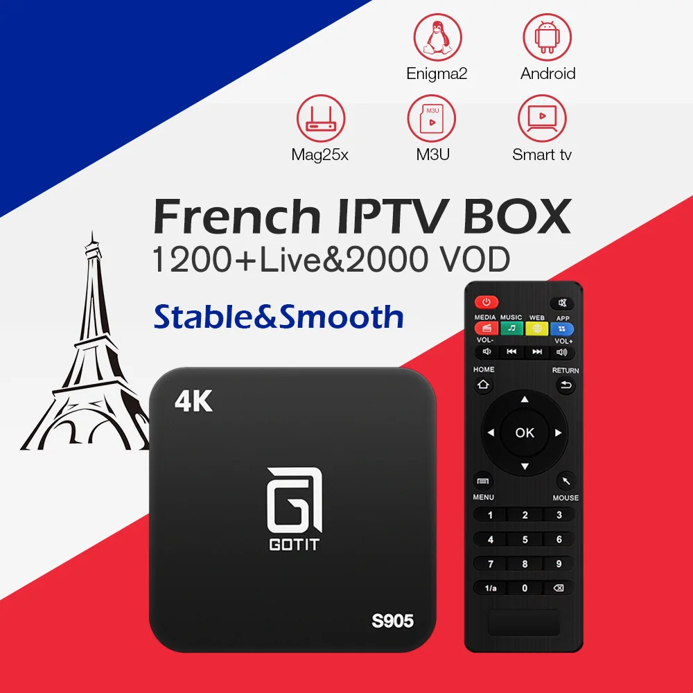 

Best French Gotit S905 IPTV Android TV Box with 1 Year 1200+Arabic France Belgium IPTV code Live TV free smart set top tv box