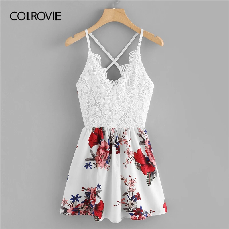 

COLROVIE Criss Cross Backless Floral Print Contrast Lace Boho Cami Dress Women 2019 Summer Sleeveless Holiday Slip Mini Dresses