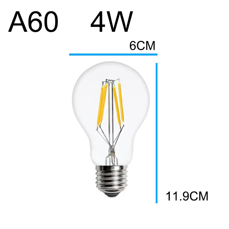 Ретро антикварная Светодиодная лампа E14 E27 ампула винтажный светодиодный светильник Эдисона с нитью накаливания лампада 220 В светодиодная Энергосберегающая лампа светильник в форме свечи s лампа - Испускаемый цвет: A60 E27 4W