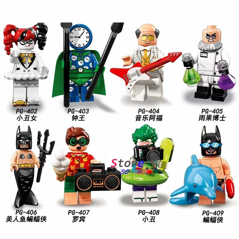 

8pcs Super heroes figure Harley Quinn Mermaid Batman Hugo Strange Robin Clock King Joker Kids building blocks toys for children