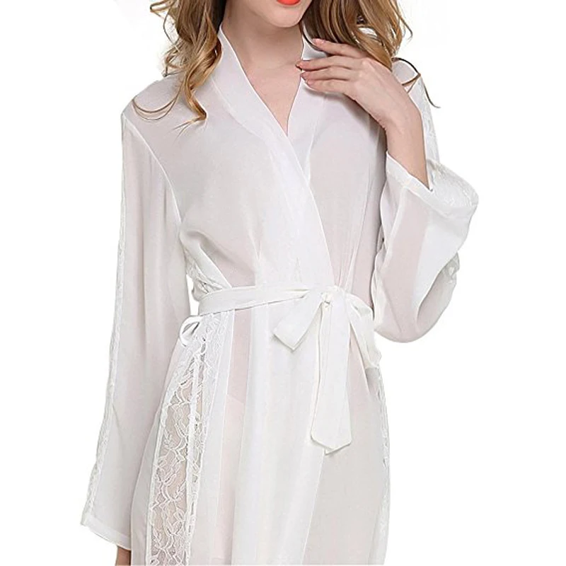 Белый волнующий, прозрачный шифон для женщин Ночная рубашка свадебная одежда для невесты соблазнительное кружево длинные халаты Ночная рубашка ночное белье