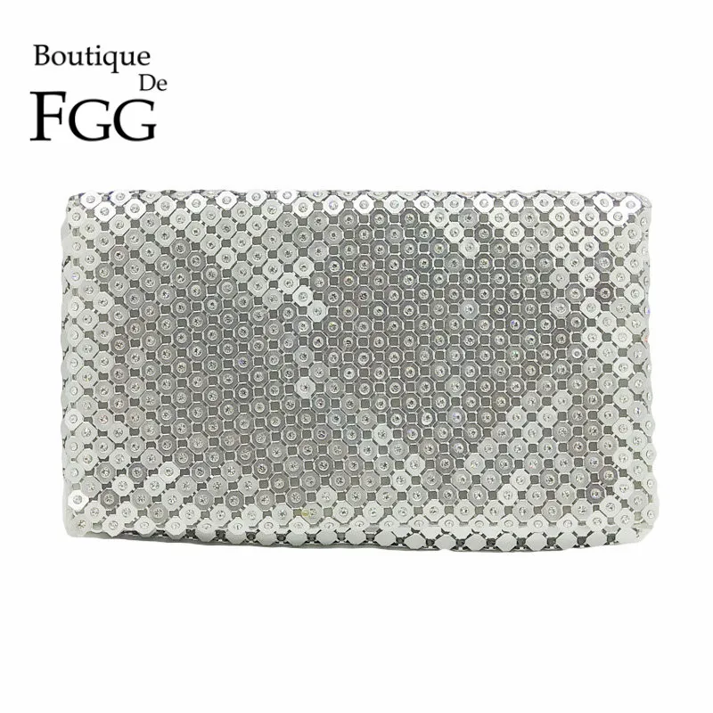 

Boutique De FGG Silver Aluminum Crystal Envelope Clutch Women Fashion Handbag Evening Party Clutches Purse Chain Shoulder Bag