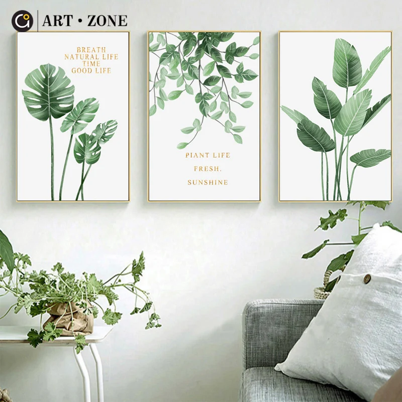 

ART ZONE Nordic Green Plant Painting Minimalist Plant Landscape Painting Living Room Home Decor Wall Art Print Unframed Poster