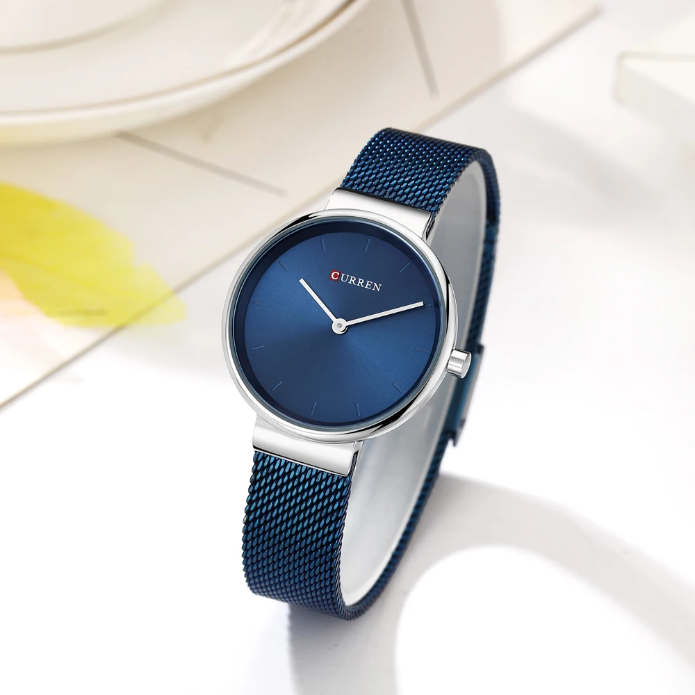 CURREN женские часы люксовый бренд из нержавеющей стали с сетчатым ремешком Кварцевые часы Женские повседневные модные синие женские часы Montre Femme