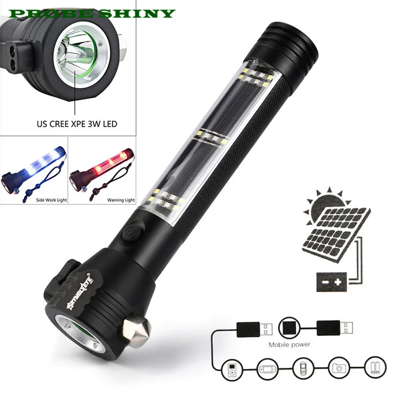

Solar Powered 3W LED Flashlight Safety Hammer Torch Light with Power Bank Magnet Free Shipping #NO12