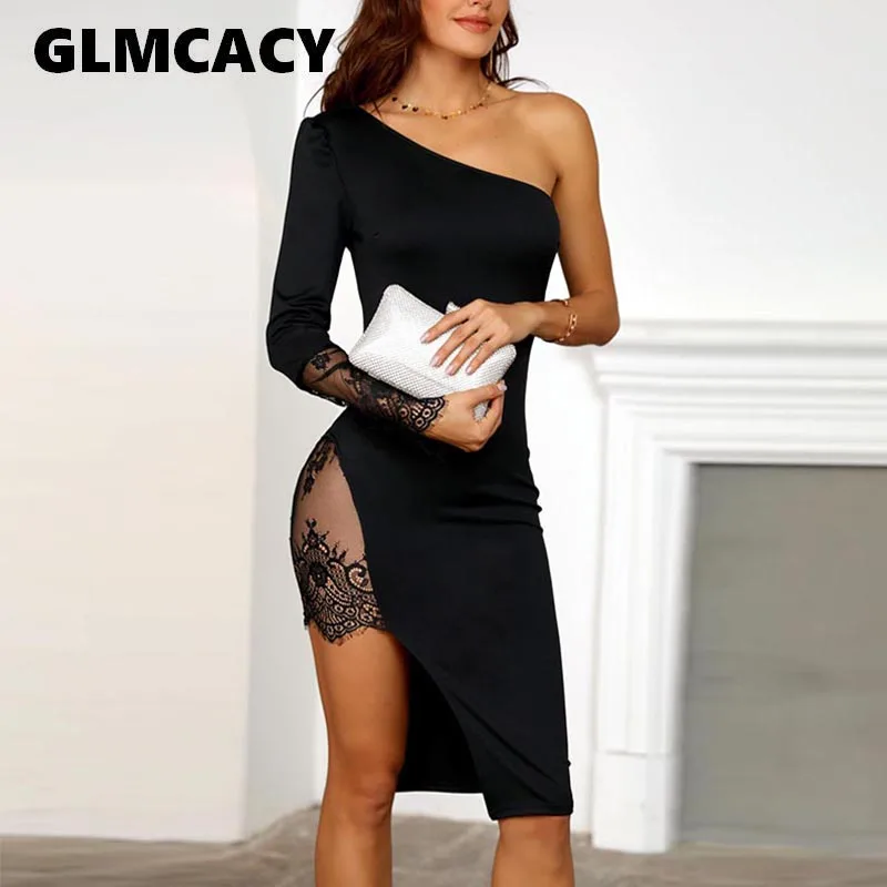 

Women One Shoulder Lace Insert Slit Bodycon Dress Sexy & Club Solid Knee-Length Asymmetrical Spring Autumn Dress