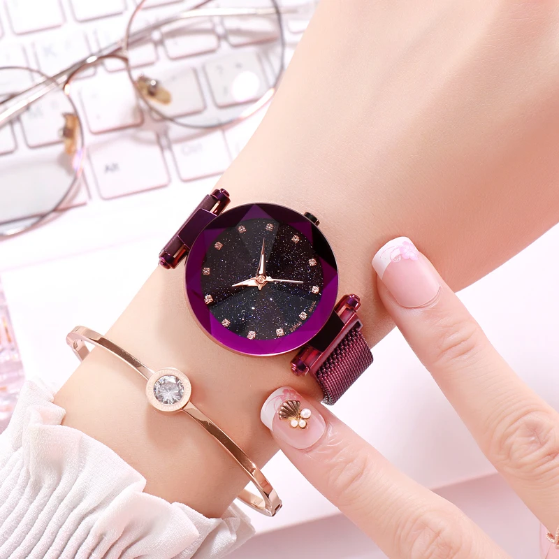 

2018Popular Women Watches Fashion Elegant Magnetic Buckle Mysterious Purple Lady Wrist Watch Starry Sky Roman Numeral Gift Clock