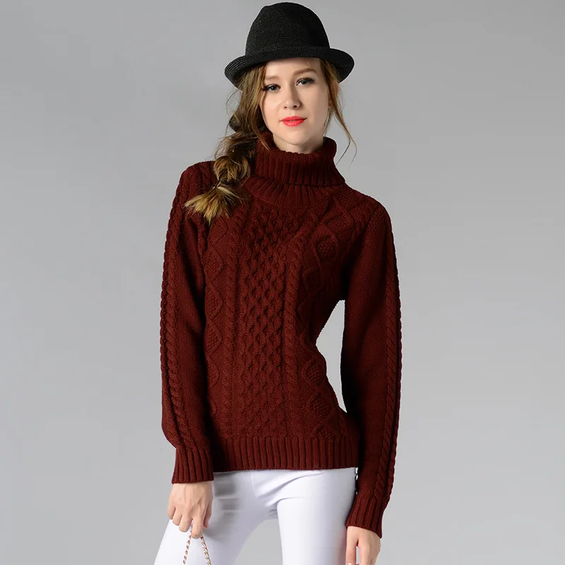 Зимний утолщенный свитер с высоким воротом, женский короткий вязаный пуловер с цветочным узором, мягкий теплый свитер с высоким воротом - Цвет: Wine Red