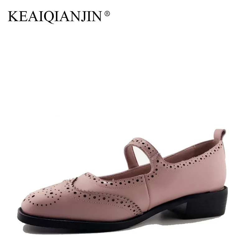 

KEAIQIANJIN Woman Genuine Leather Brogue Shoes Spring Autumn Mary Janes Shoes Brown Pink Flats Genuine Leather Retro Brogue Shoe