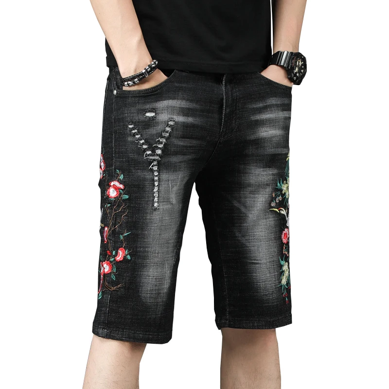 

Sokotoo Men's summer crane flower embroidered black shorts Knee length stretch denim jeans