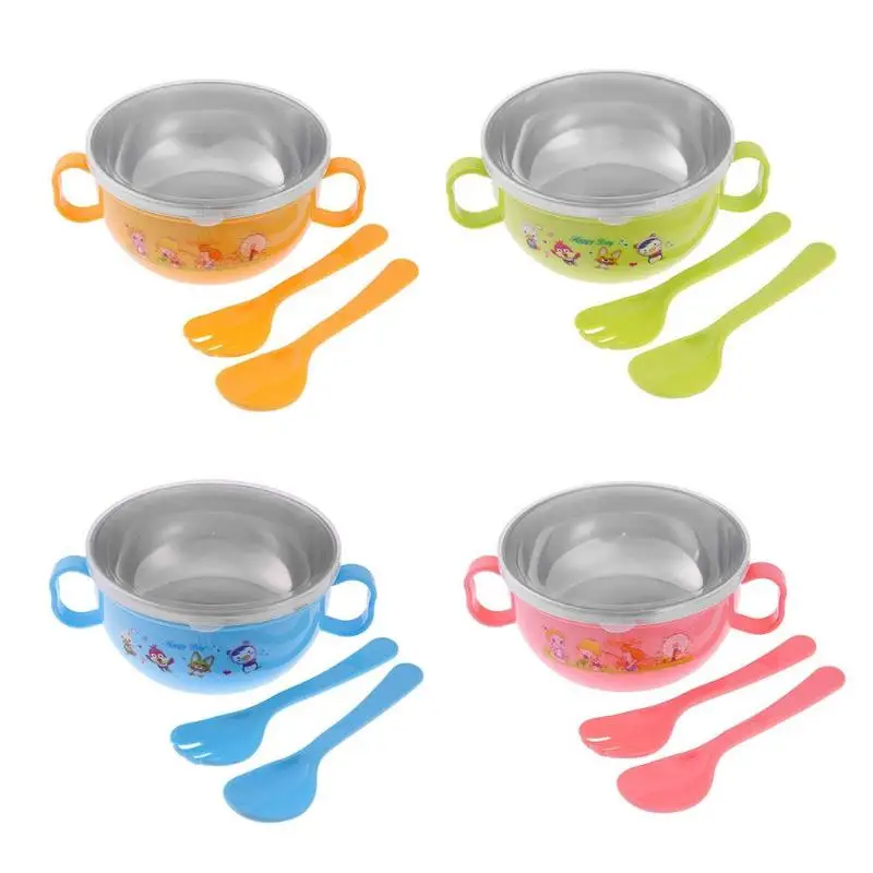 300ml Baby Feeding Training Bowl With Spoon Set Baby Tableware Bowl Stainless Steel Cartoon Binaural Baby Feeder Kids Plate Suck 300ml Baby Feeding Training Bowl With Spoon Set Baby Tableware Bowl Stainless Steel Cartoon Binaural Baby Feeder Kids Plate Suck